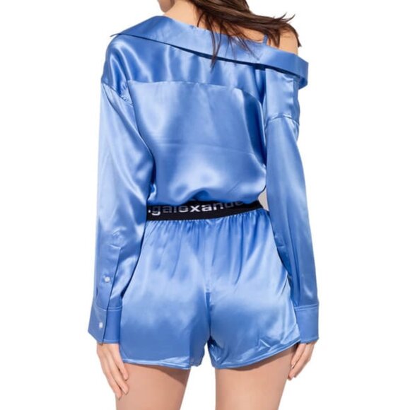 ✨ SALE NEW T by Alexander Wang Bermuda Boxer Silk Shorts Ocean Blue Logo Elastic - Picture 2 of 10